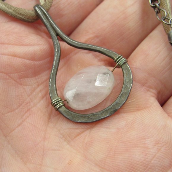 18" Sterling Silver Tarnished Rose Quartz Stone Pendant Necklace Vintage - Picture 3 of 7